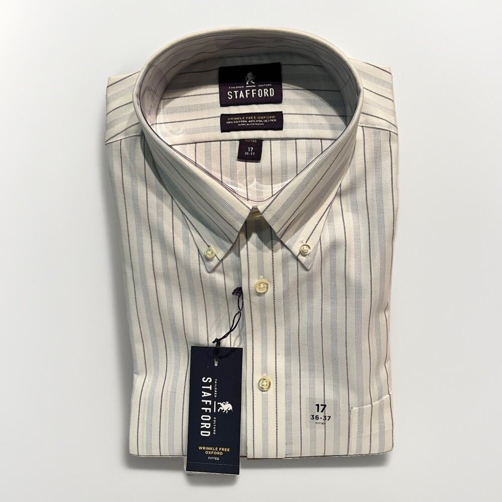 Stafford Oxford Dress Shirt Mens Wrinkle-Free Fitted Blue Stripe 17 36/37